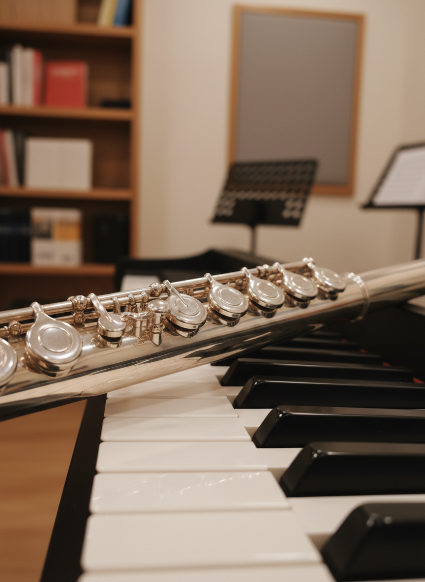 A detailed, close-up photographic shot of a silver concert flute resting across a few piano keys, both instruments pristine and well-maintained. The flute’s polished metal surface shows fine engravings and intricate keywork, catching soft, warm light that creates delicate highlights and reflections. The piano keys beneath provide a contrasting pattern of black and white, with a subtle texture visible on the matte surfaces. The background gently fades into a soft blur of a studio environment—hinting at shelves, acoustic panels, and a music stand. Shot from a low, diagonal angle with shallow depth of field, the composition feels intimate and refined. The mood is elegant, focused, and aspirational, emphasizing the studio’s expertise in both flute and piano instruction.