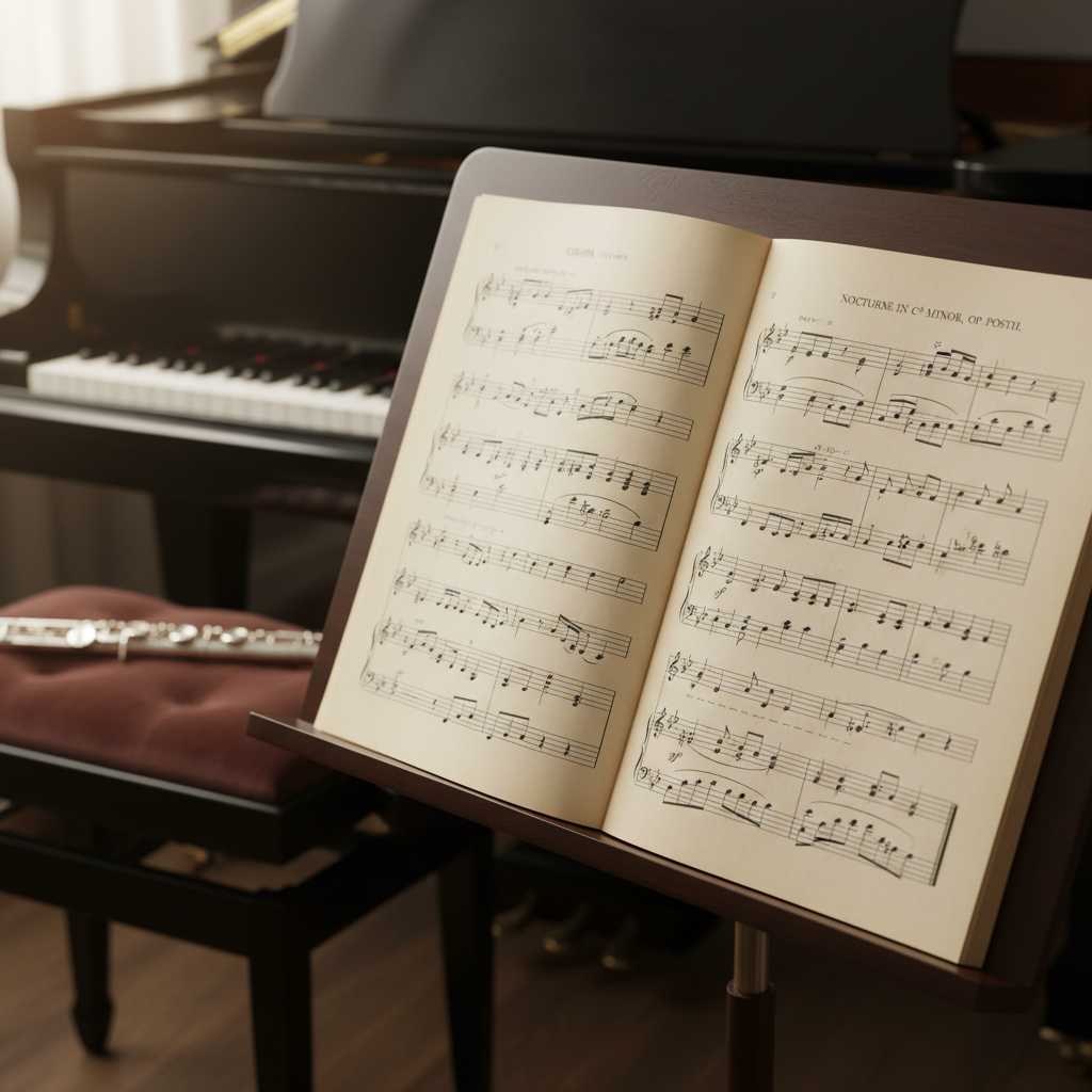 A close-up, photographic view of a well-worn sheet music score spread open on a wooden music stand in a cozy teaching studio. The pages show subtle creases and lightly penciled markings, the black musical notes crisp against the soft ivory paper. In the background, slightly out of focus, a piano keyboard and a flute resting on a padded bench hint at multi-instrument teaching. Warm, diffused afternoon light streams through an unseen window, casting gentle shadows across the stand and floor. Shot from a slightly elevated angle with shallow depth of field, the composition emphasizes the beauty and detail of the music notation. The atmosphere feels focused, studious, and encouraging, ideal for conveying thoughtful, long-term music education.