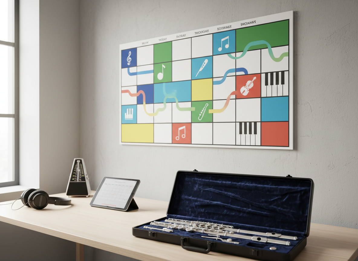 A clean wooden desk with a tablet, metronome, headphones, and an open case revealing a silver flute in dark velvet.