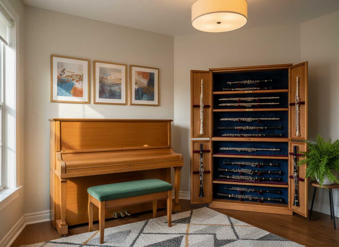An inviting corner of a music studio with an upright piano and an open cabinet displaying flutes and woodwinds.