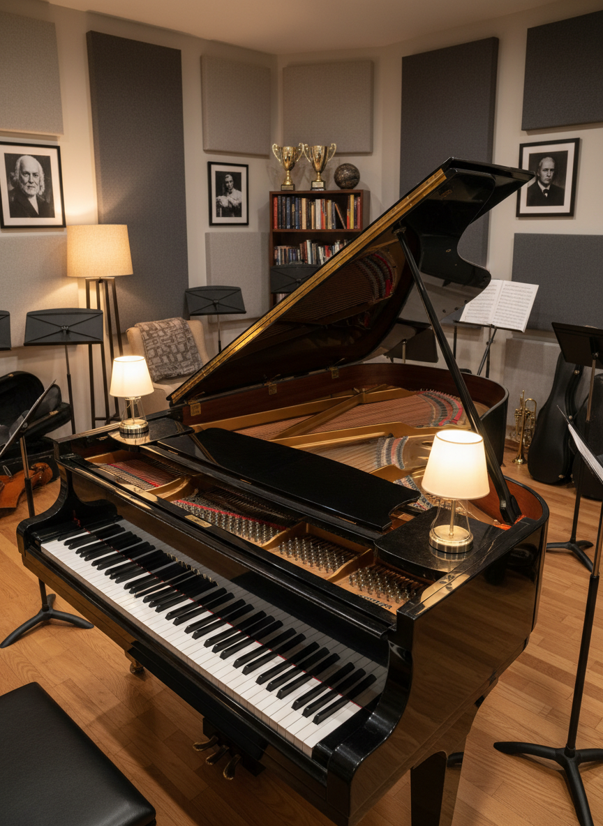 A polished black grand piano with its lid raised, revealing gleaming strings and hammers, sits in a warmly lit music studio. The piano’s glossy surface reflects the soft glow of table lamps and a nearby floor lamp, creating subtle highlights along the curved body and keys. Around it, neatly arranged sheet music stands and instrument cases suggest active use. The hardwood floor has a gentle sheen, and acoustic panels on the walls hint at professional sound quality. Photographic realism, eye-level composition with a slight angle across the keyboard, moderate depth of field keeping the instrument in sharp focus while the background softly blurs. The mood is professional yet inviting, conveying a space where musicians of all levels can grow and be inspired.