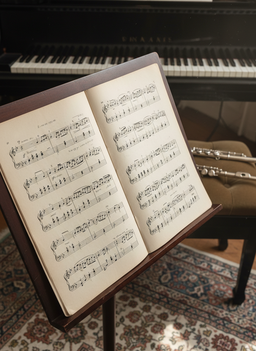 A close-up, photographic view of a well-worn sheet music score spread open on a wooden music stand in a cozy teaching studio. The pages show subtle creases and lightly penciled markings, the black musical notes crisp against the soft ivory paper. In the background, slightly out of focus, a piano keyboard and a flute resting on a padded bench hint at multi-instrument teaching. Warm, diffused afternoon light streams through an unseen window, casting gentle shadows across the stand and floor. Shot from a slightly elevated angle with shallow depth of field, the composition emphasizes the beauty and detail of the music notation. The atmosphere feels focused, studious, and encouraging, ideal for conveying thoughtful, long-term music education.