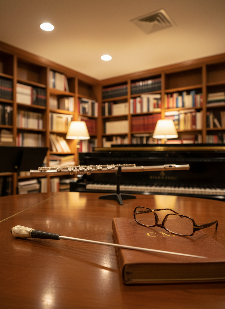 A conductor's baton, leather-bound teaching journal, and reading glasses arranged on a polished piano top, with a grand piano and shelves of scores behind.